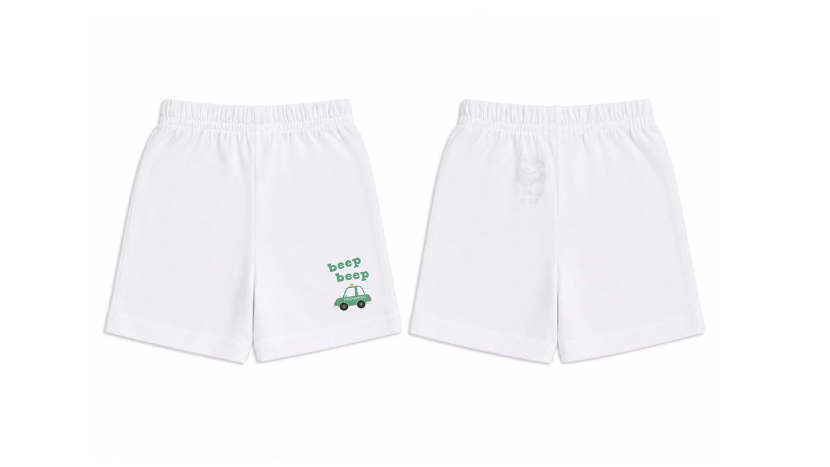 Shorts: Premium Cotton White "Beep Beep" Graphic Loungewear and Playwear