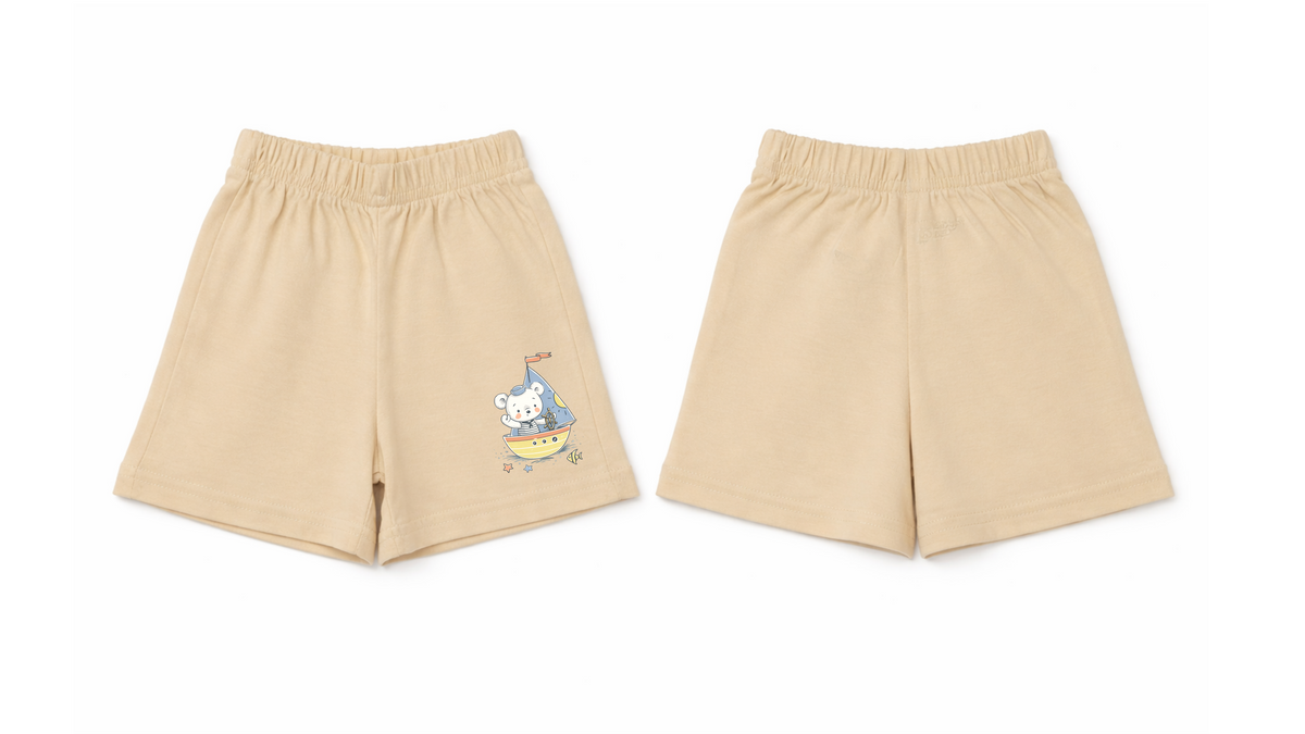 Shorts: Premium Cotton Beige "Panda Boat" Graphic Loungewear and Playwear