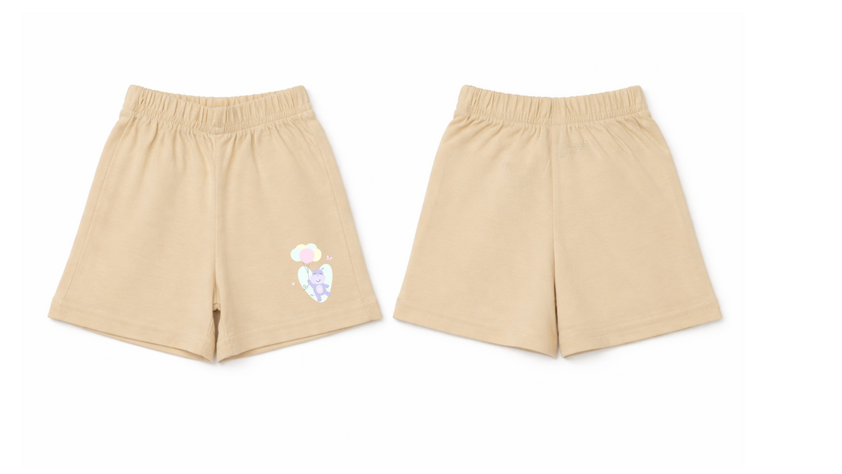 Shorts: Premium Cotton Beige "Hippo Balloon" Graphic Casual Essentials and Active Playwear