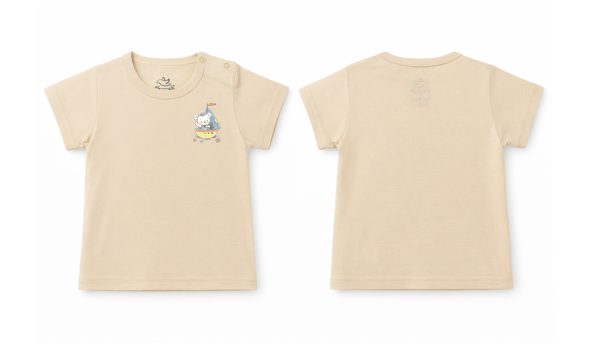 Short-Sleeve T-Shirt: Premium Cotton Beige "Panda Boat" Graphic Casual Essentials and Active Playwear
