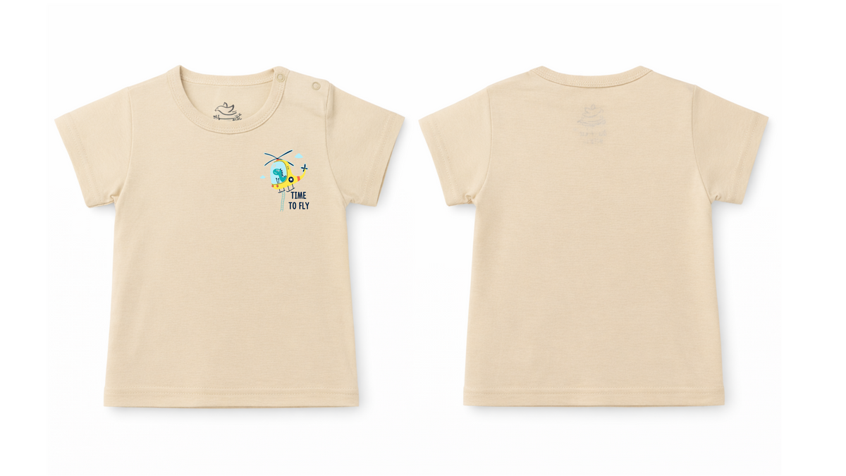 Short-Sleeve T-Shirt: Premium Cotton Beige "Time To Fly" Graphic Casual Essentials and Active Playwear