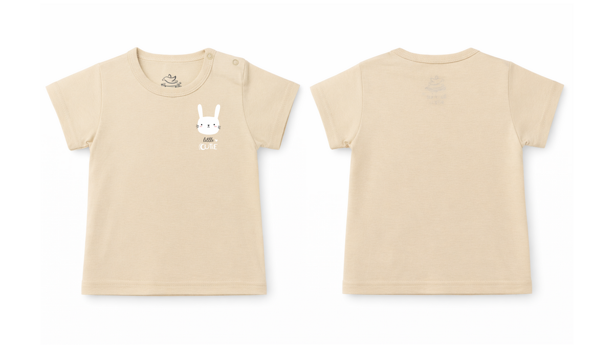 Short-Sleeve T-Shirt: Premium Cotton Beige "Little Cute" Graphic Casual Essentials and Active Playwear