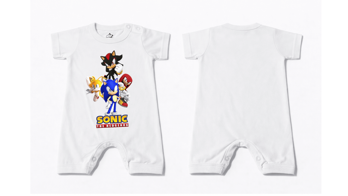Full Length BodySuit (Romper): Premium Cotton White "Sonic Crew" Graphic Casual Essentials and Active Playwear