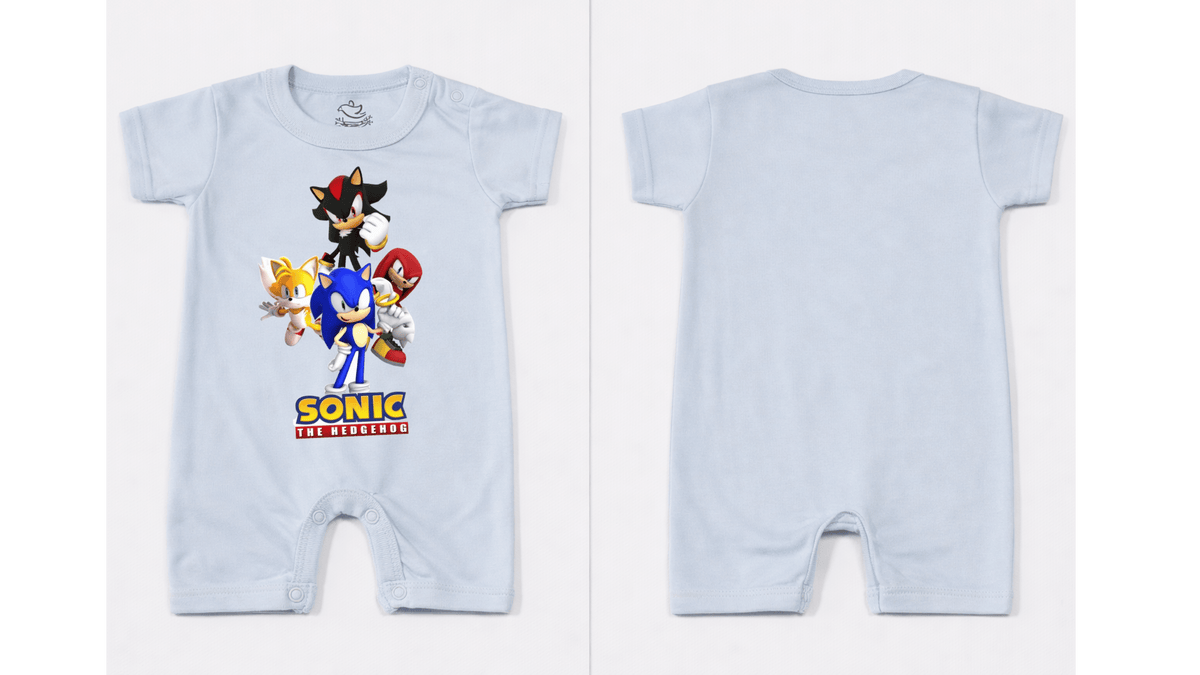 Full Length BodySuit (Romper): Premium Cotton Blue "Sonic Crew" Graphic Casual Essentials and Active Playwear