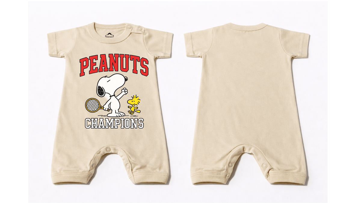 Full Length BodySuit Romper: Premium Cotton Jersey Beige "Peanuts Champions" Graphic Casual Essentials