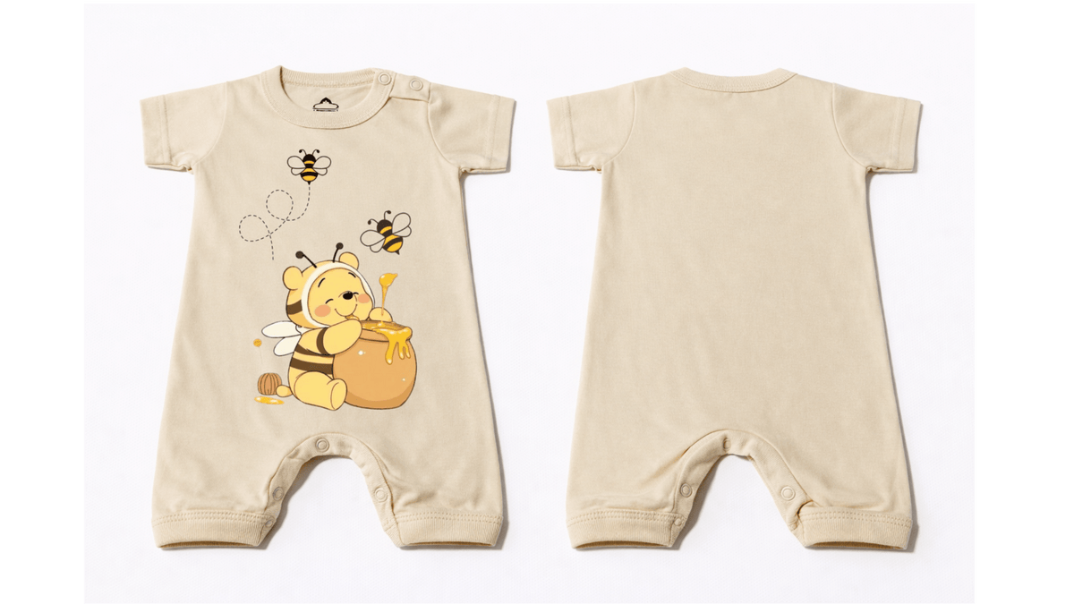 Full Length BodySuit Romper: Premium Cotton Jersey Beige "Honey Bee" Graphic Casual Essentials