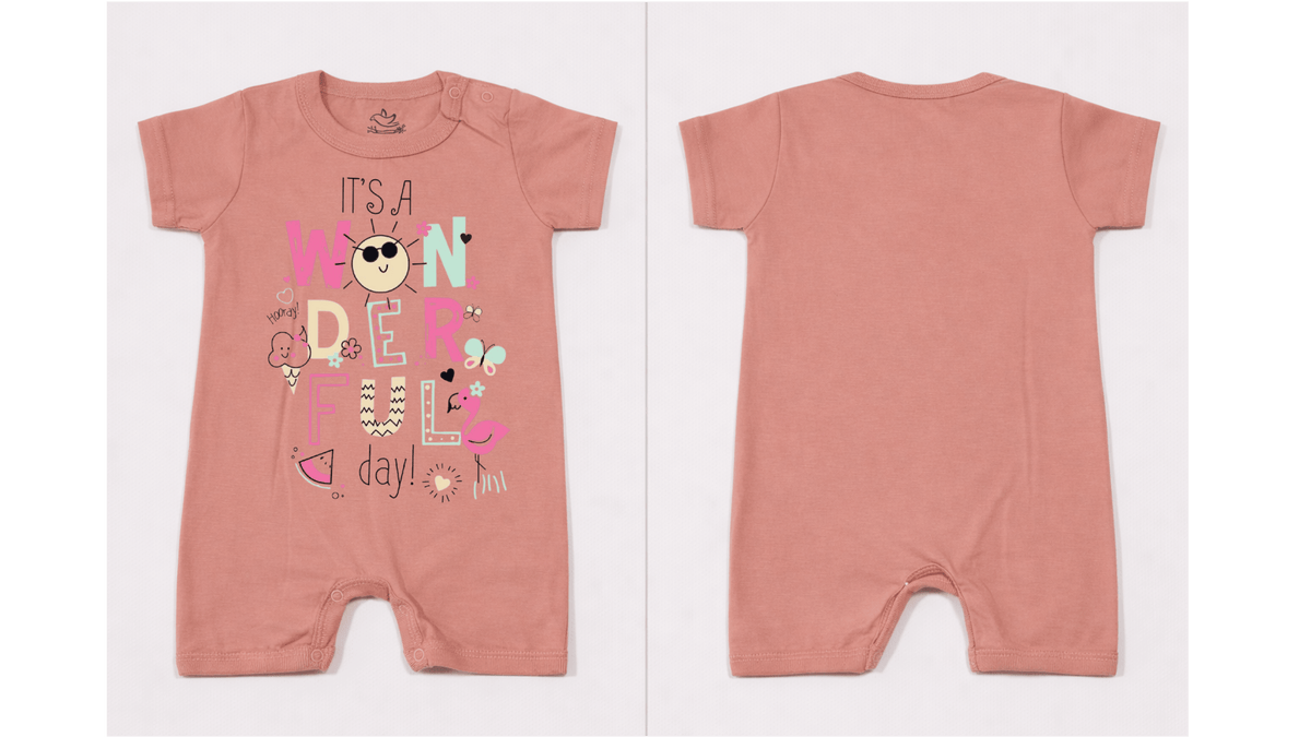 Full Length BodySuit Romper: Premium Cotton Jersey Dusty Rose "Wonderful Day" Graphic Casual Essentials