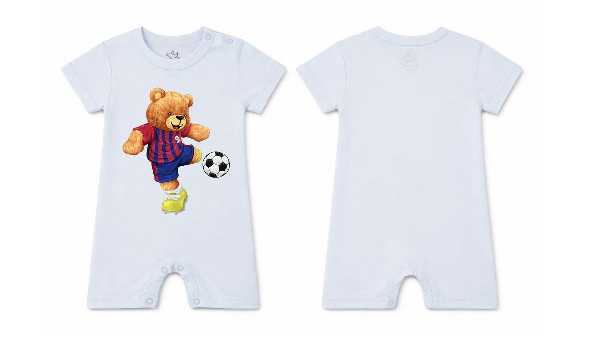 Short-Sleeve Full Length BodySuit (Romper): Premium Cotton Light Blue "Bear" Graphic Casual Essentials and Active Playwear