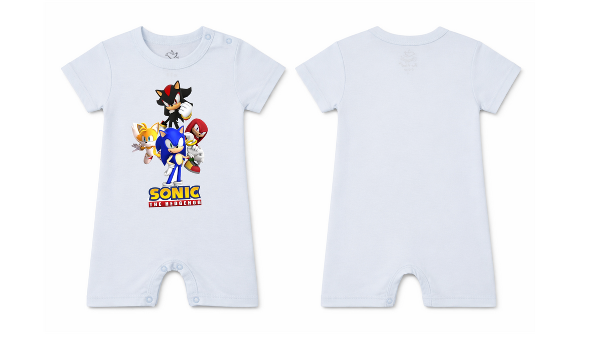 Short-Sleeve Full Length BodySuit (Romper): Premium Cotton Light Blue "Sonic Crew" Graphic Casual Essentials and Active Playwear
