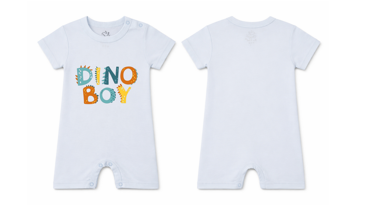 Short-Sleeve Full Length BodySuit (Romper): Premium Cotton Light Blue "Dino Boy" Graphic Casual Essentials and Active Playwear